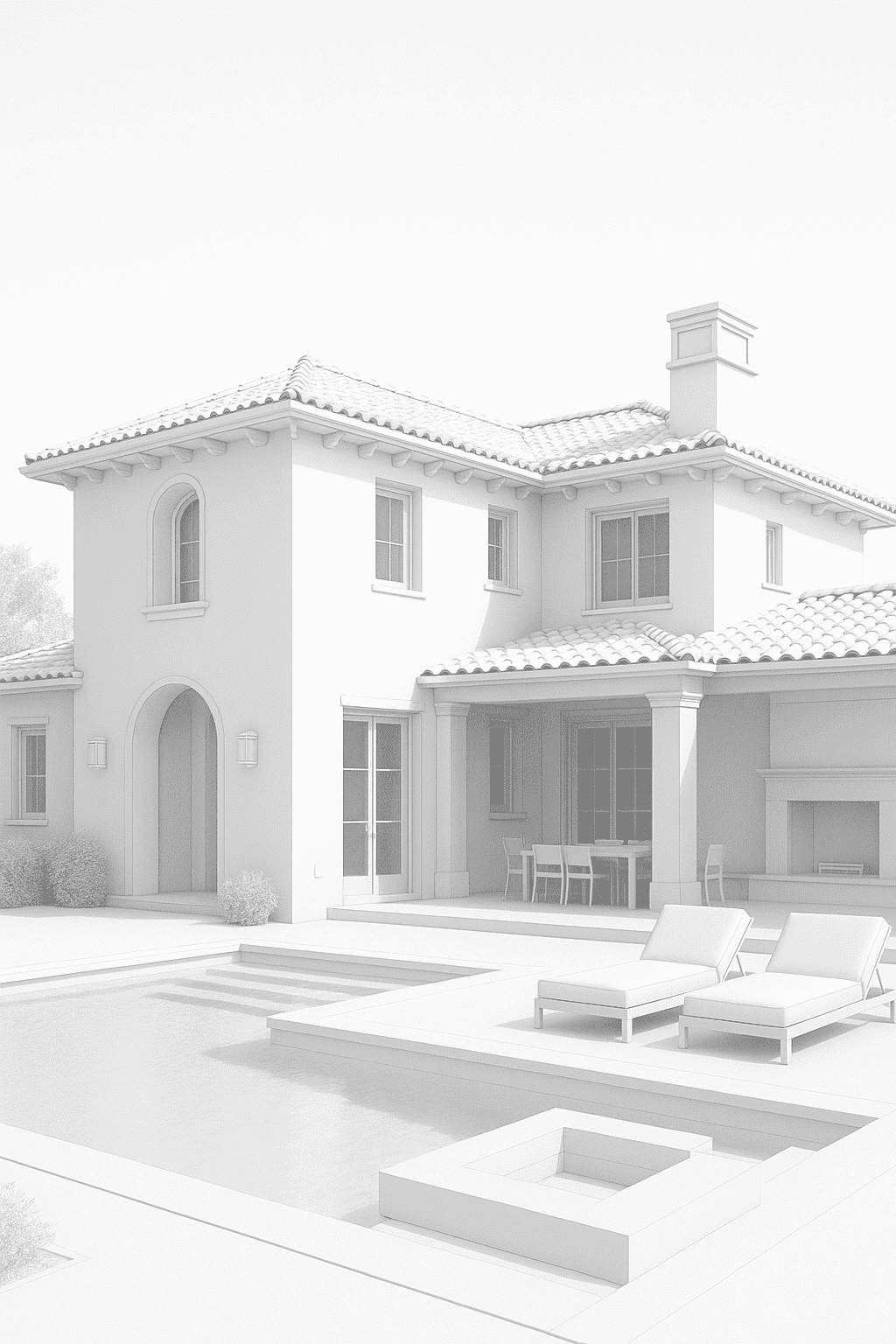 Clay render of a California-style residential exterior with pool and terrace, created by Axon Immersive Visuals.