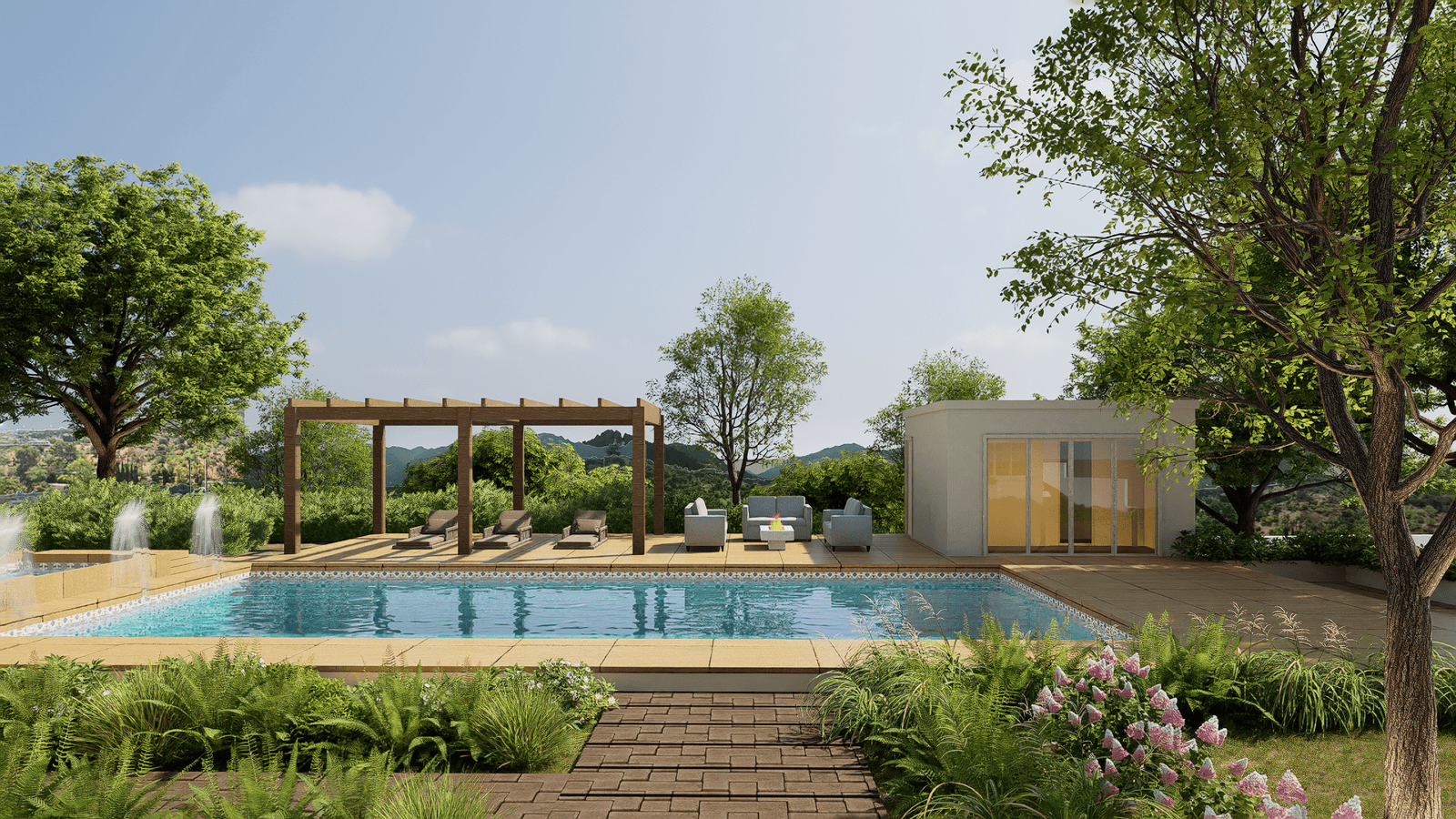 3D landscape visualization of a modern California pool and outdoor living area with pergola and seating, created by Axon Immersive Visuals.