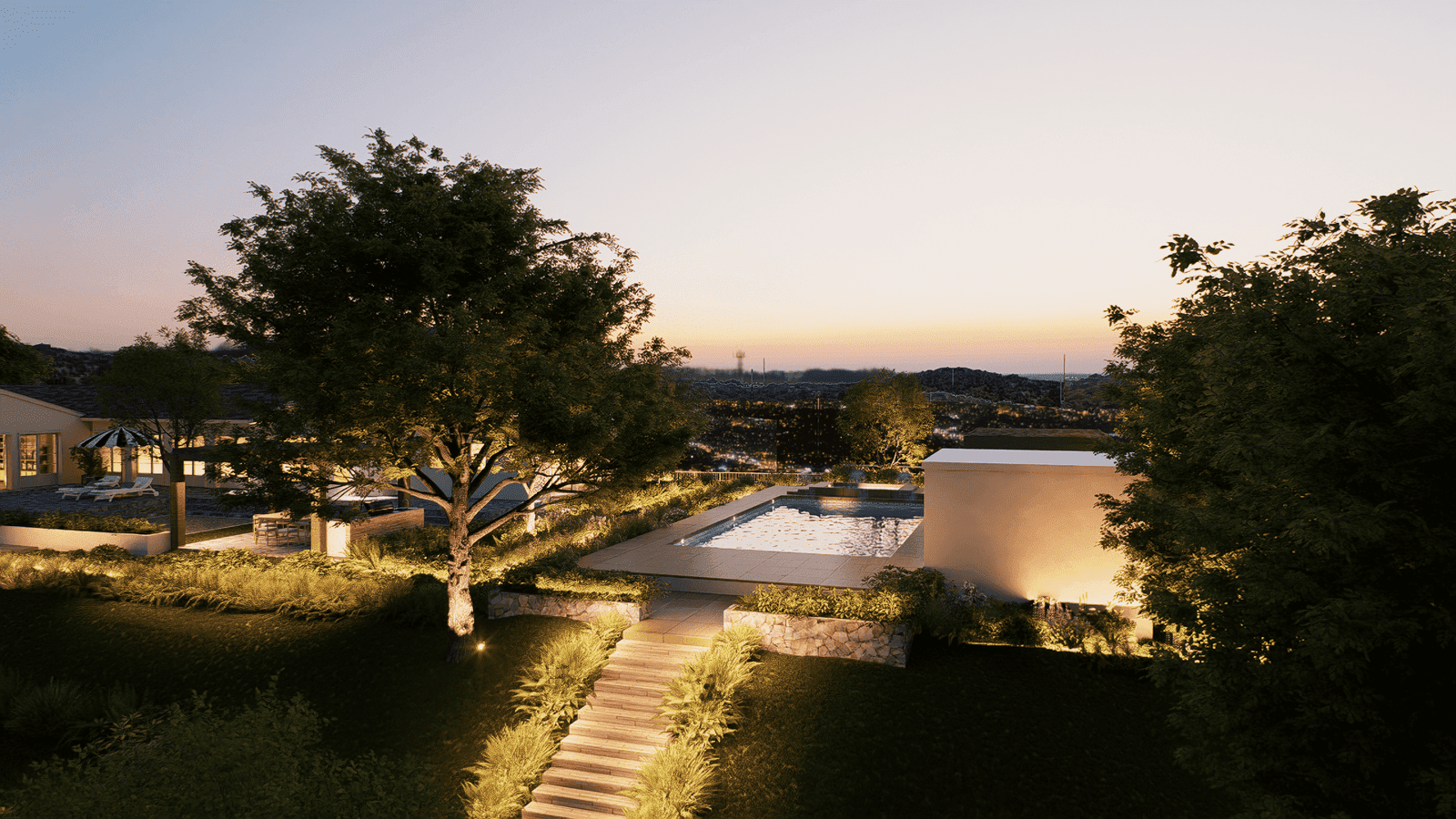 3D night visualization of a modern California pool and landscape by Axon Immersive Visuals