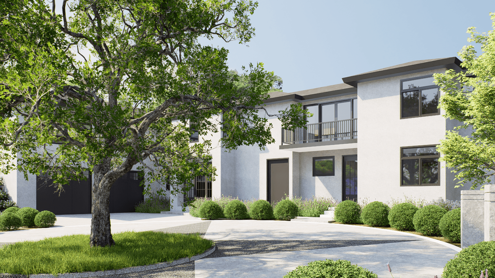 Modern two-story stucco residence exterior rendering in daylight with oak tree foreground and circular driveway