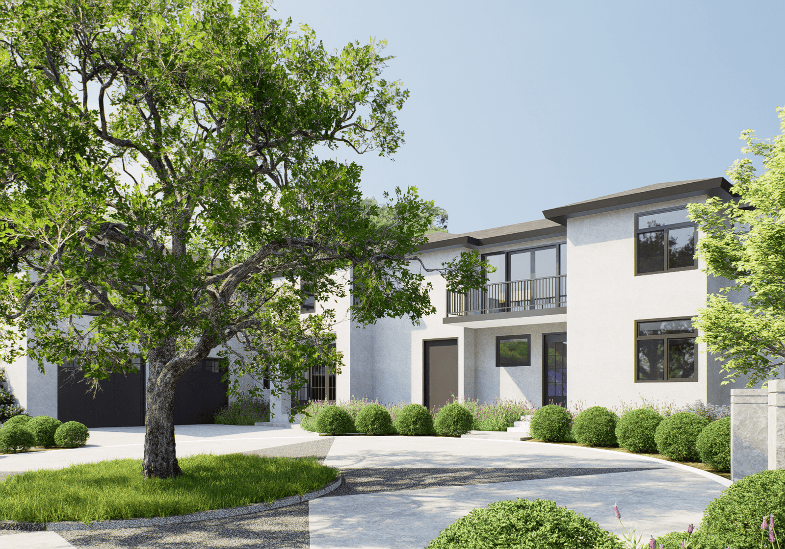 Architectural visualization of a modern hillside residence arrival court with circular drive and mature oak in Foothills, California.