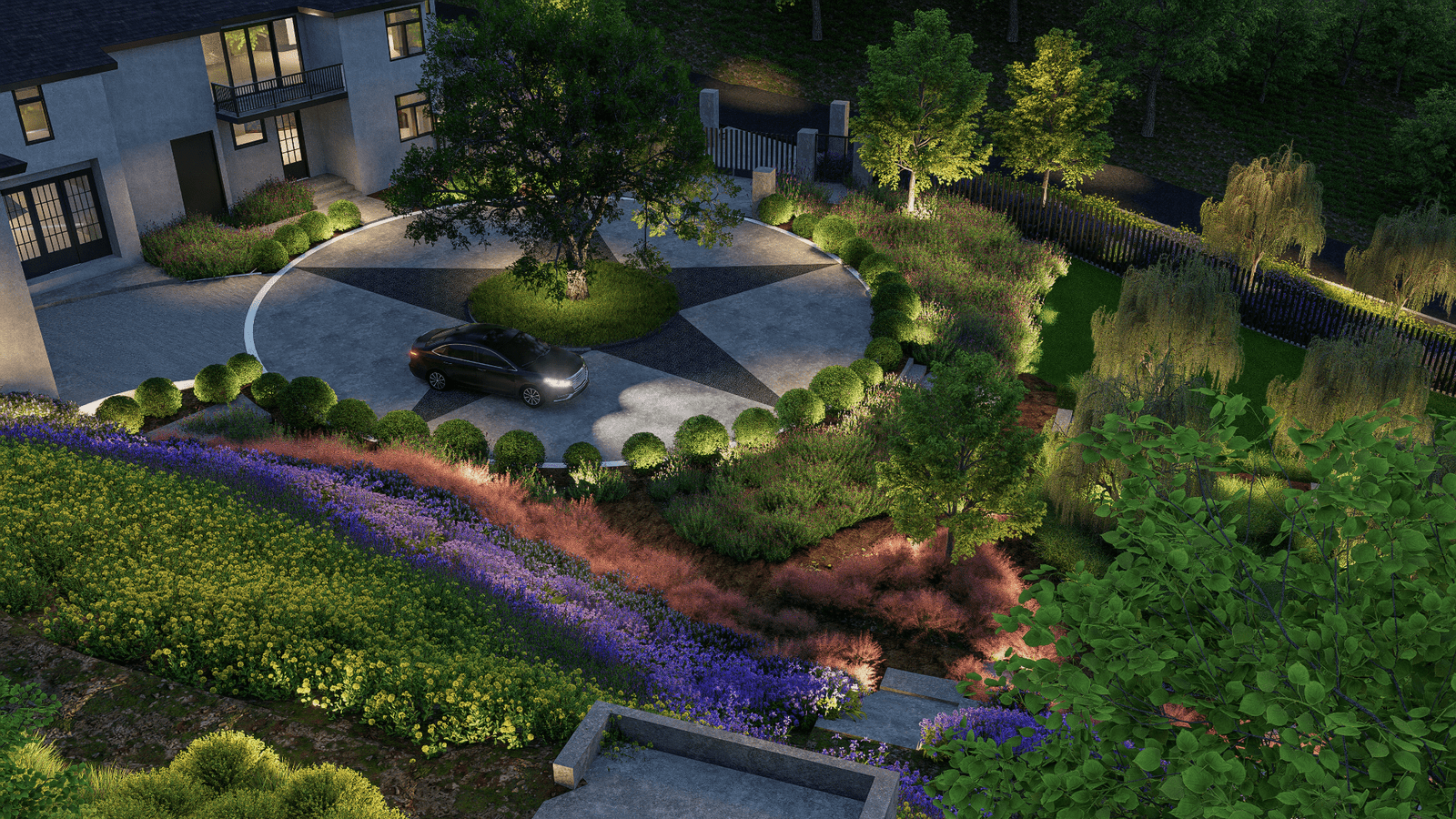 Night architectural visualization of a modern hillside residence arrival court with landscape lighting and circular drive in Foothills, California.