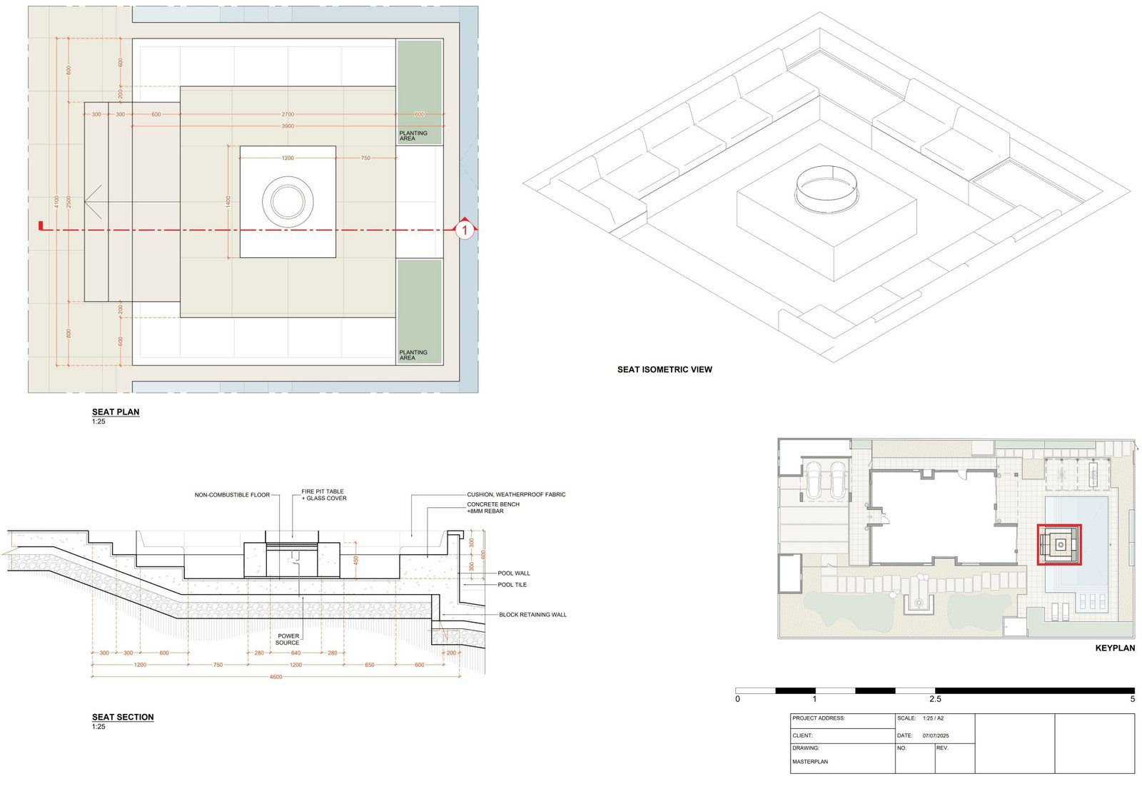 Firepit seating sectional CAD drawing showing construction layers, levels, and keyplan reference by Axon Studio.
