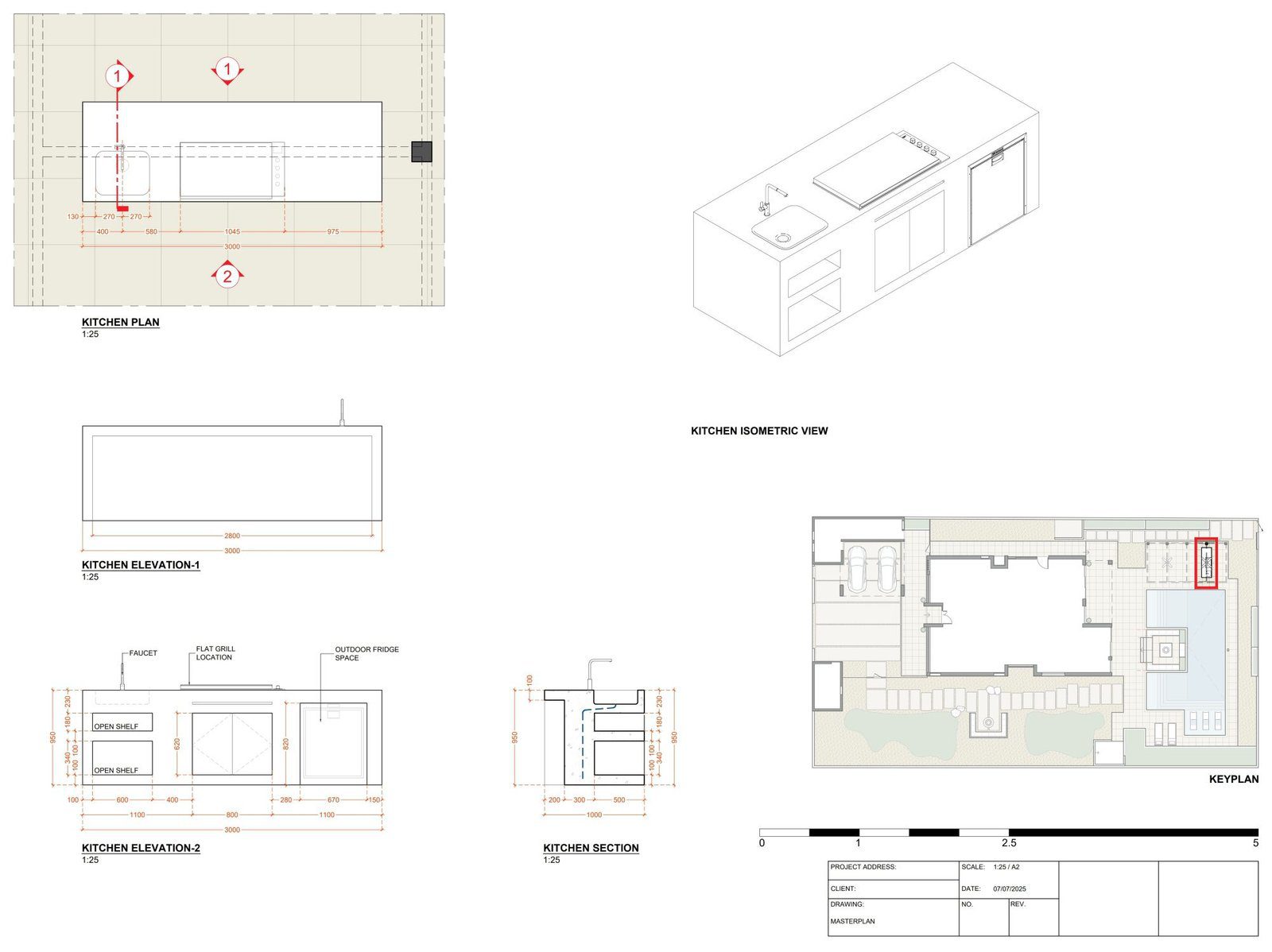 Outdoor kitchen plan, two elevations, and section documenting cabinetry and appliance layout drafted by Axon Studio.
