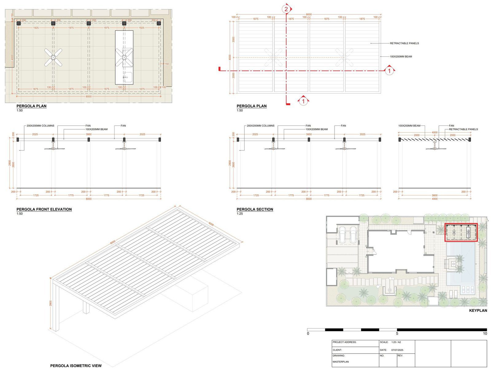 Pergola structural detail sheet with plan, elevation, section, and isometric CAD views by Axon Studio.
