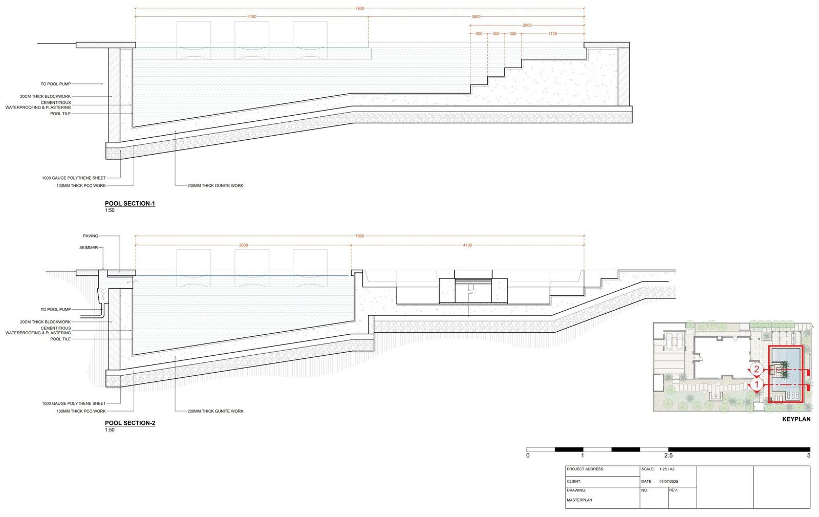Pool sectional construction drawing with two cross-sections showing structure, waterproofing, and levels.