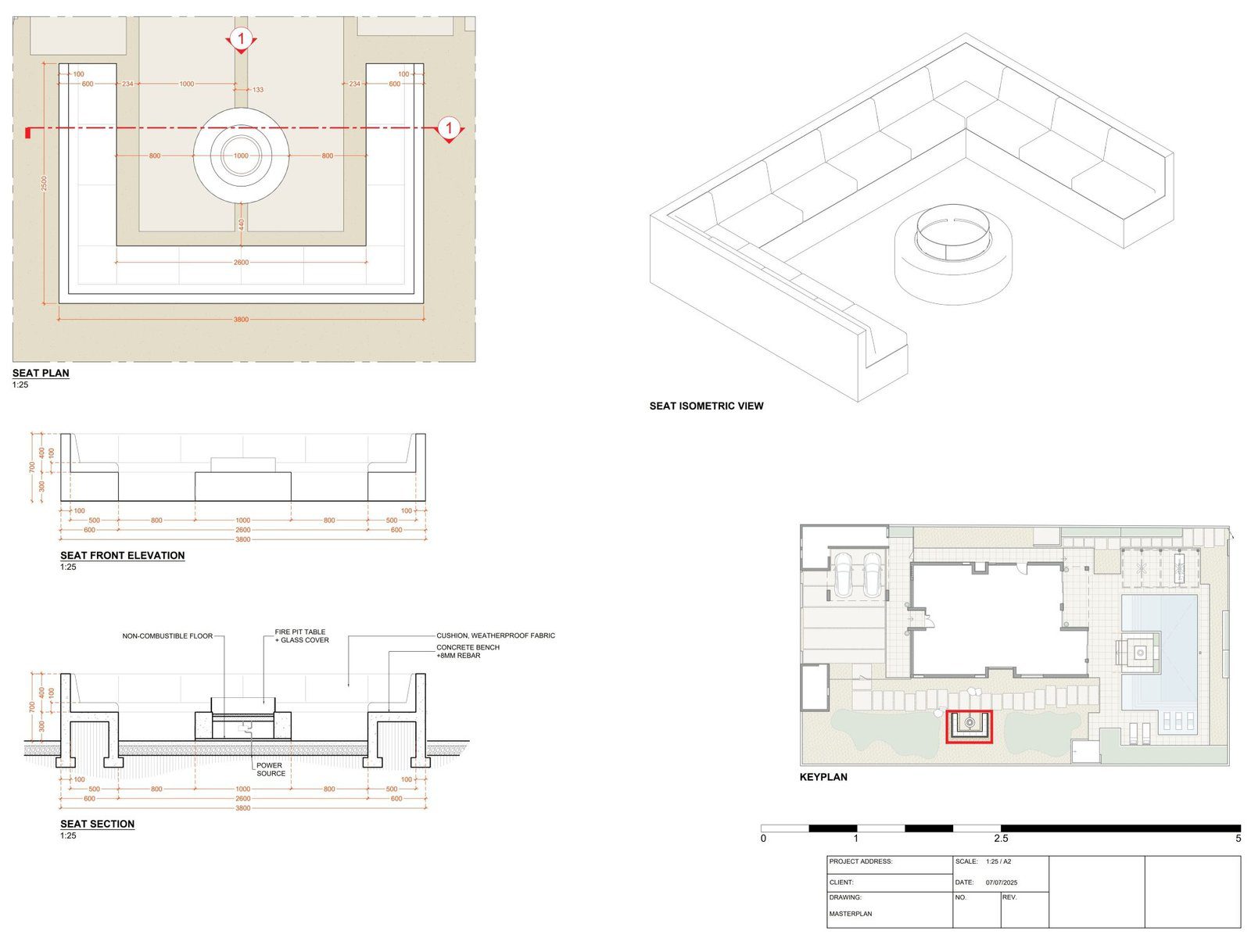 Detailed 2D drafting of an outdoor seating area showing plan, elevation, section, and isometric views created by Axon Studio.