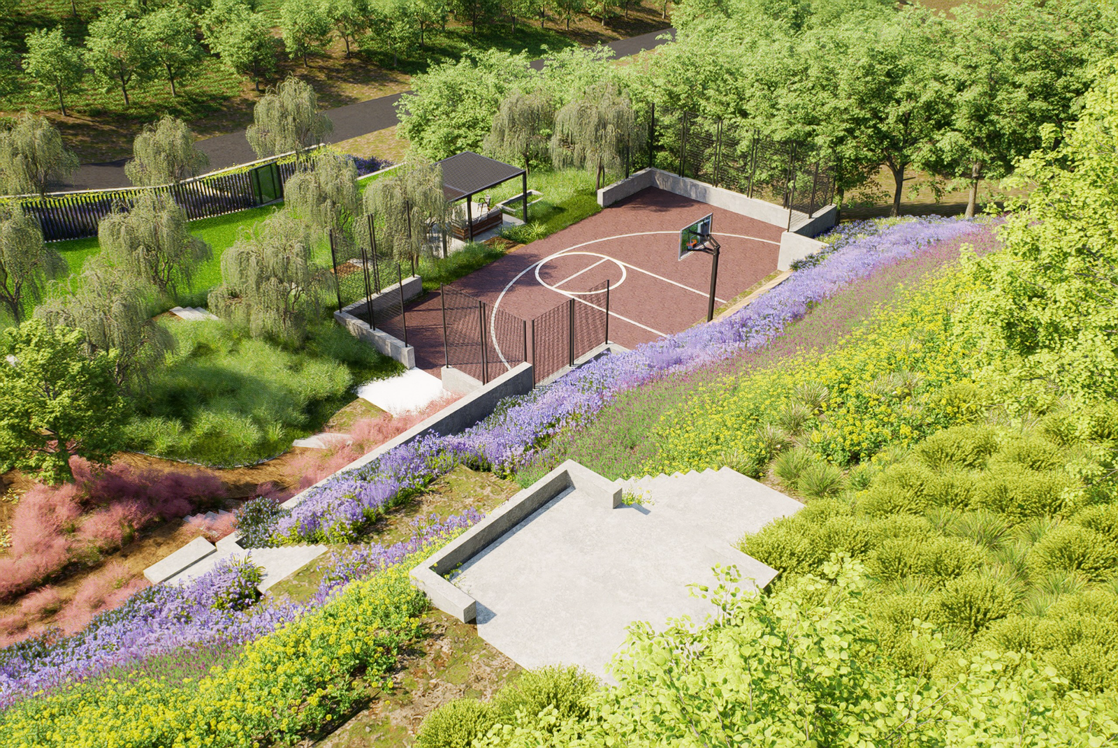 Landscape visualization of a half court set into a wooded hillside with nearby pavilion in Foothills, California.