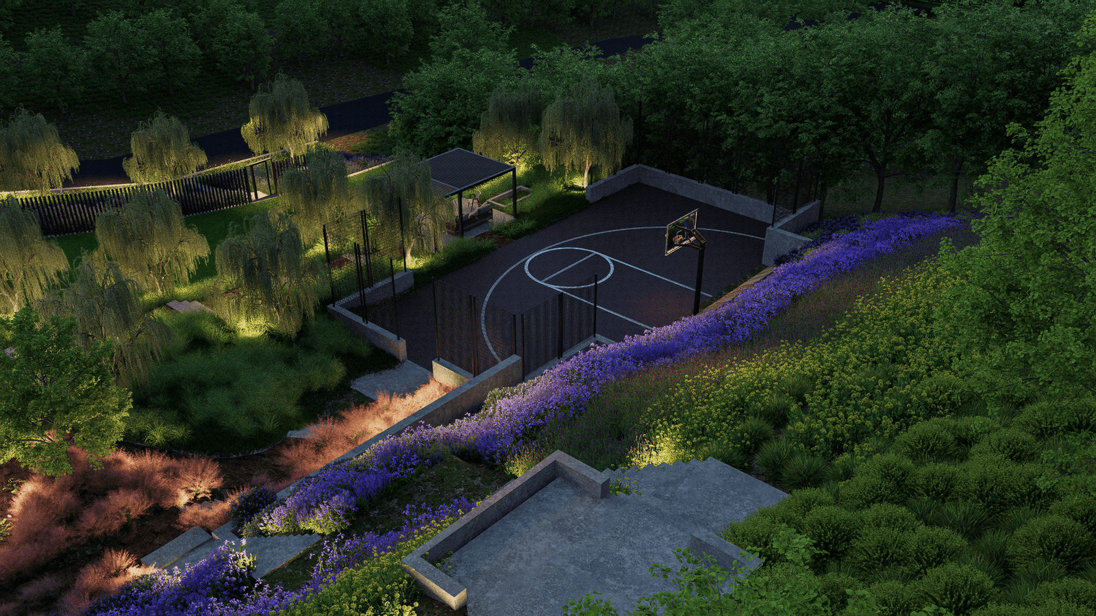 Night landscape visualization of a hillside sport court with surrounding planting and pavilion lighting in Foothills, California.