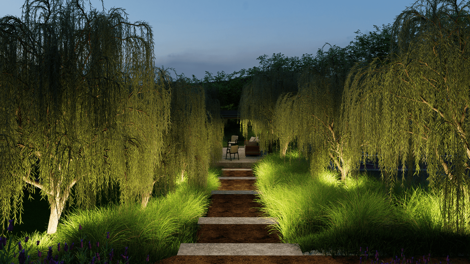 Dusk landscape render of an illuminated willow-lined walkway leading to a seating terrace in Foothills, California.