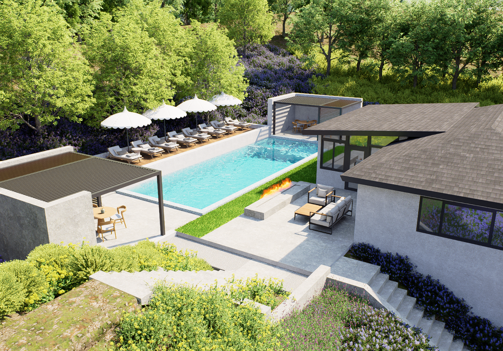 Residential rendering of a linear lap pool and lounging terrace aligned to a modern home in Foothills, California.
