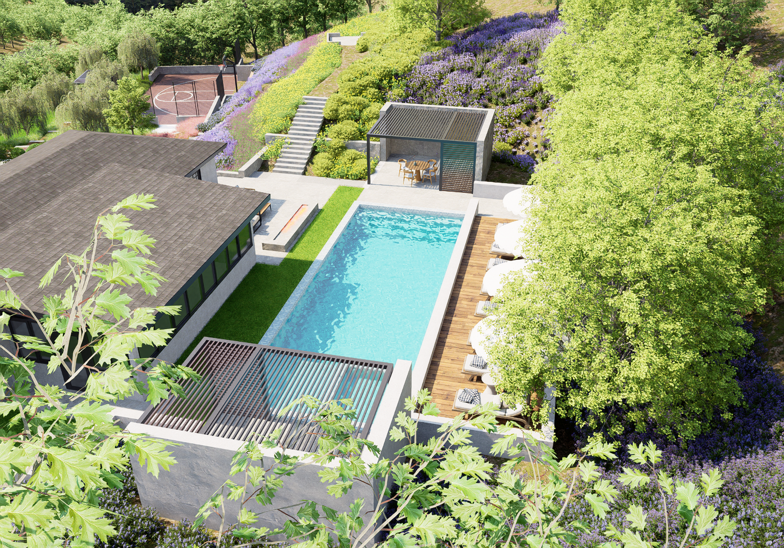 Architectural render of a linear pool with adjacent garden rooms on a terraced hillside in Foothills, California.