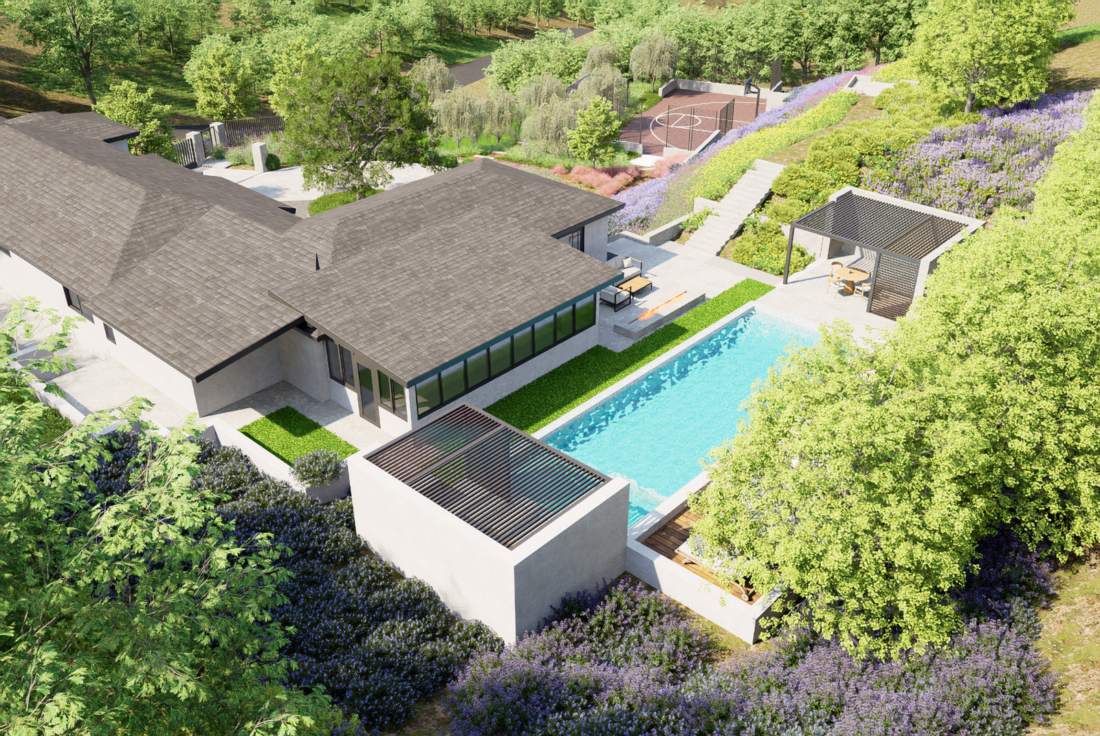 Aerial render of a modern residence with a long pool terrace and layered planting in Foothills, California.