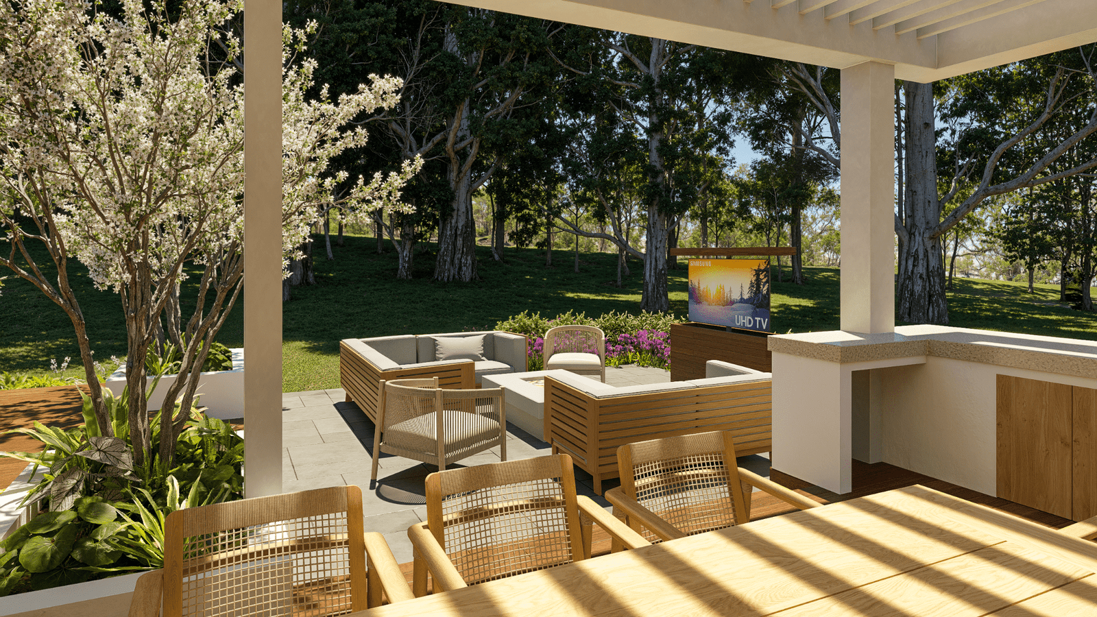 Exterior rendering of an Ohio residence lounge terrace under a pergola with layered shade and garden views