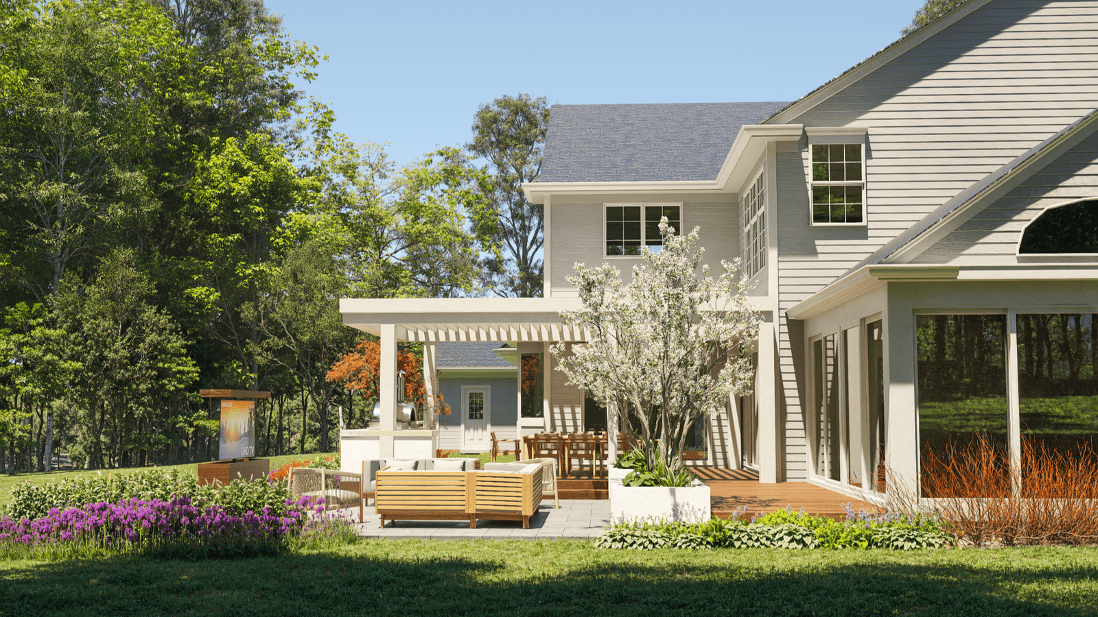 Architectural illustration of the Ohio residence terrace elevation with aligned outdoor living program and planting frame