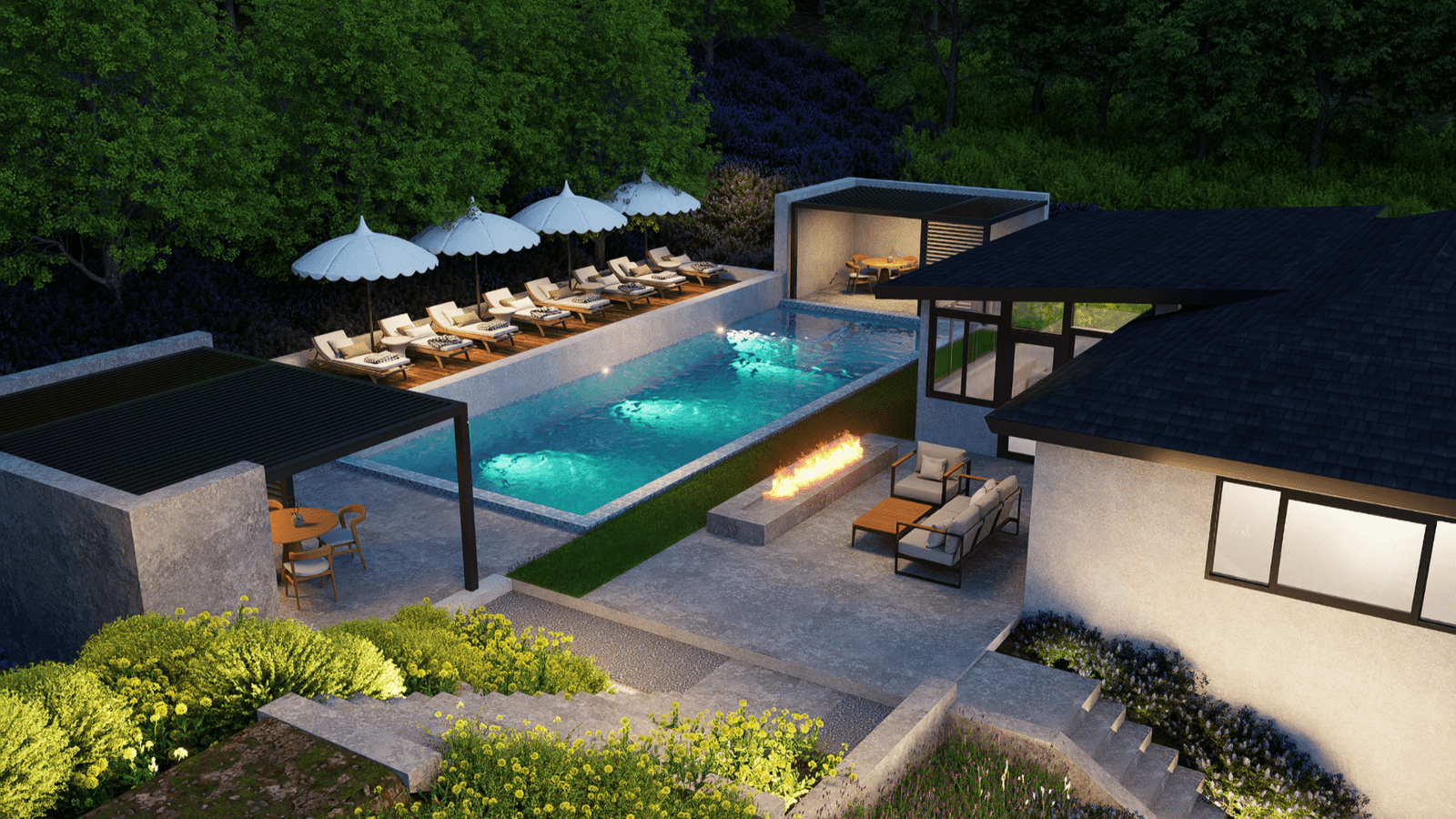 Evening residential rendering of a long lap pool terrace with fire feature, pergolas, and loungers in Foothills, California.