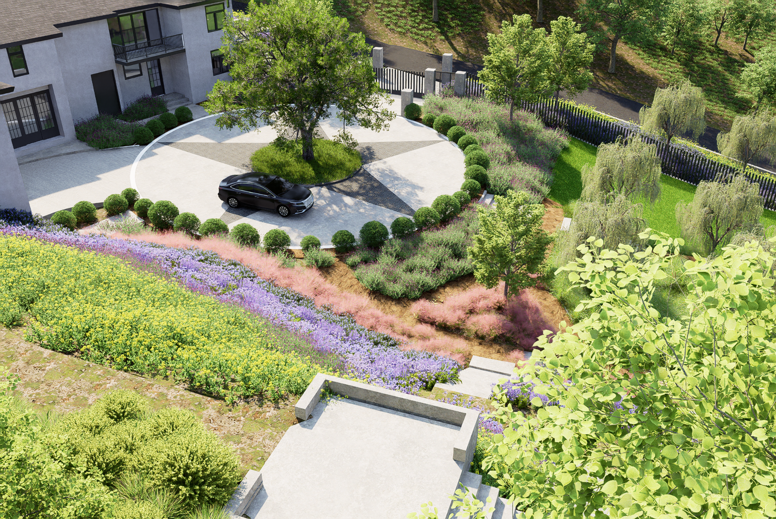Render of a circular arrival plaza with central oak and patterned paving at a modern home in Foothills, California.