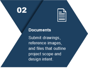 Graphic showing Step 02 titled "Documents" with paper icon and text about submitting drawings and reference images for project scope.