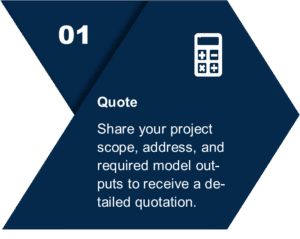 Graphic showing Step 01 titled "Quote" with calculator icon and text about sharing project scope to receive a detailed quotation.