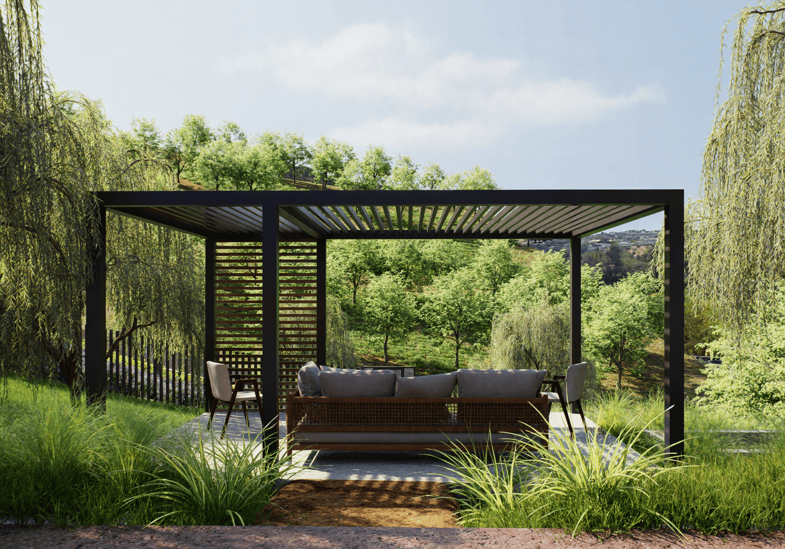 Landscape render of a steel pergola pavilion overlooking a wooded hillside in Foothills, California.