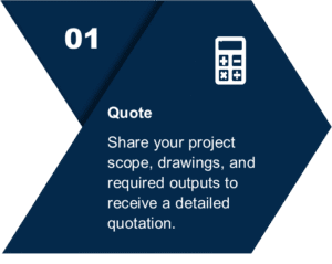 Graphic showing Step 01 of the Axon 2D Drafting Workflow with calculator icon and text describing the quotation phase for CAD drafting services.
