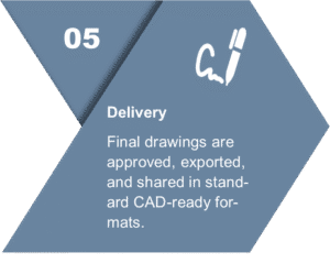 Graphic showing Step 05 of the Axon 2D Drafting Workflow with pen icon and text representing final delivery of approved CAD-ready drawings.