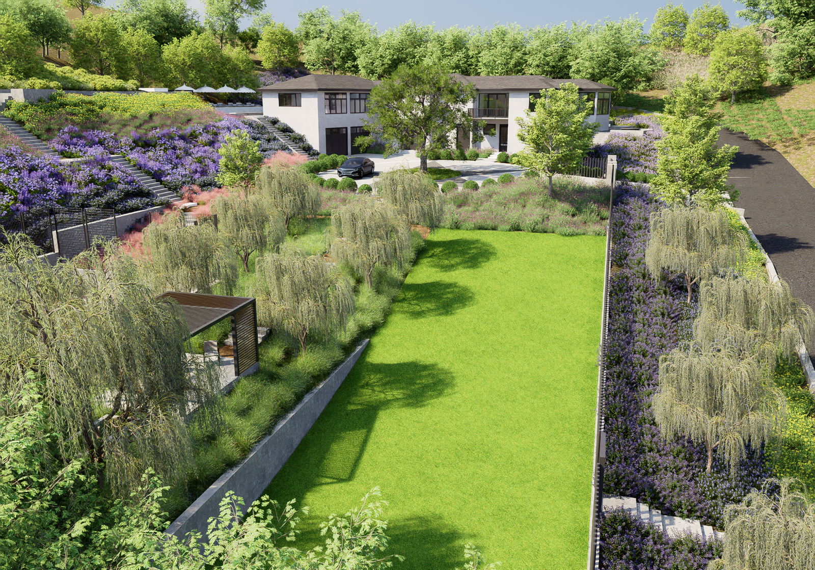 Aerial visualization of a terraced hillside estate with lawn, orchard band, pavilion, and residence in Foothills, California.