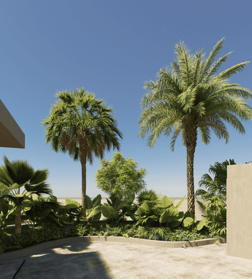 3D visualization of a contemporary Dubai residential exterior by Axon Immersive Visuals, showing architectural structure and detailed landscape.