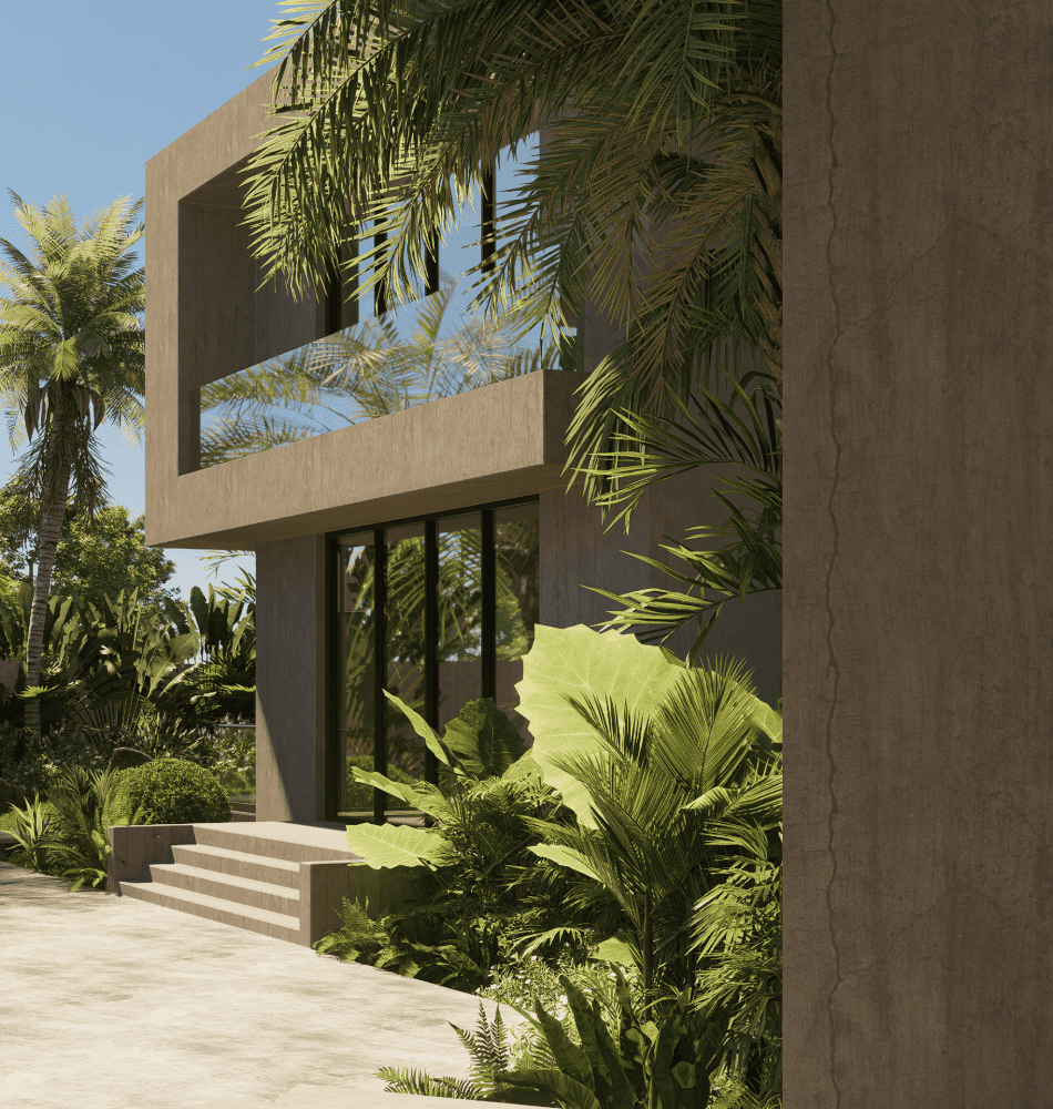 Architectural visualization of a contemporary residence surrounded by tropical planting, illustrating structure, proportion, and material intent.