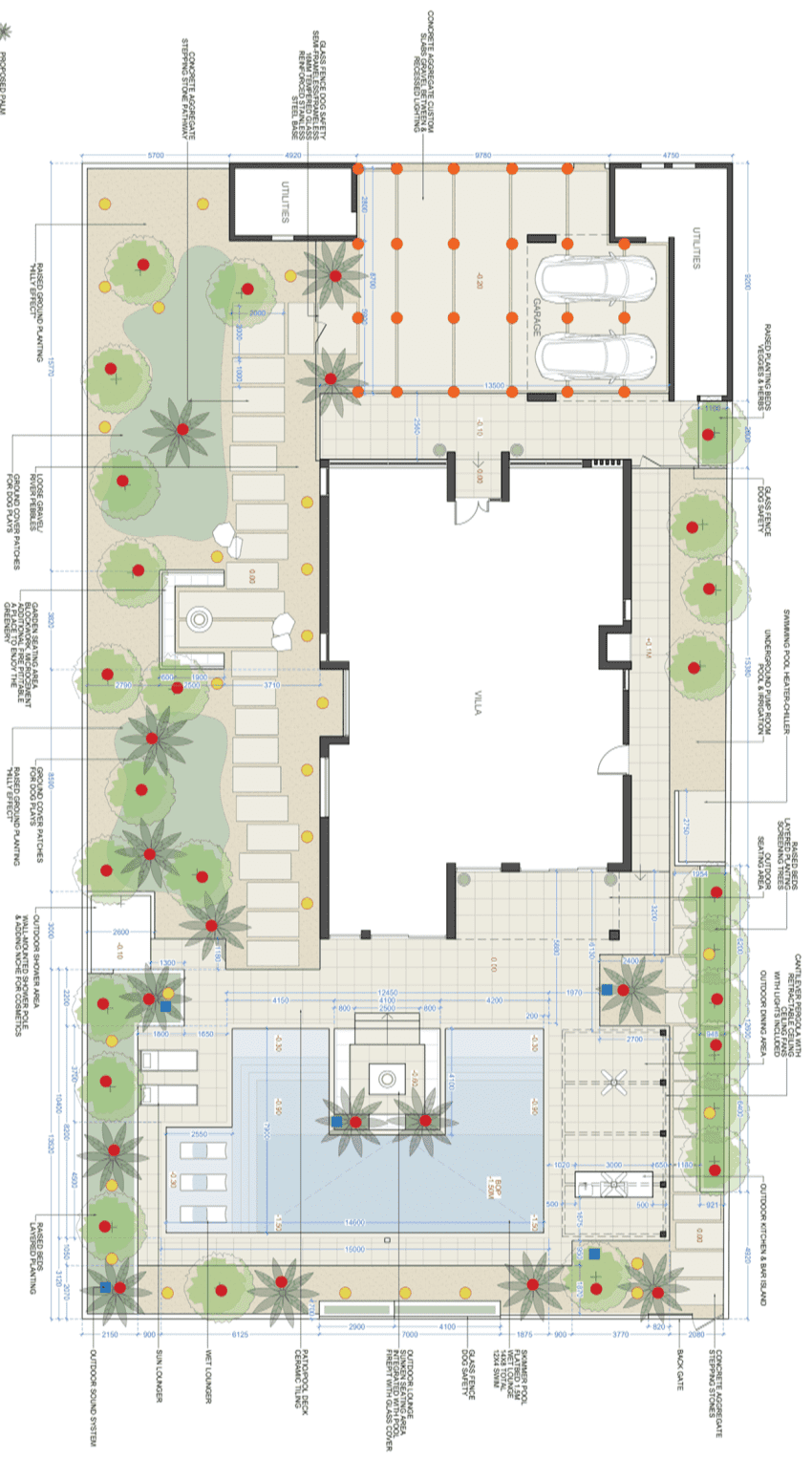 2D masterplan drawing of a residential villa site in Dubai showing pool, landscape layout, parking areas, and annotated technical dimensions.